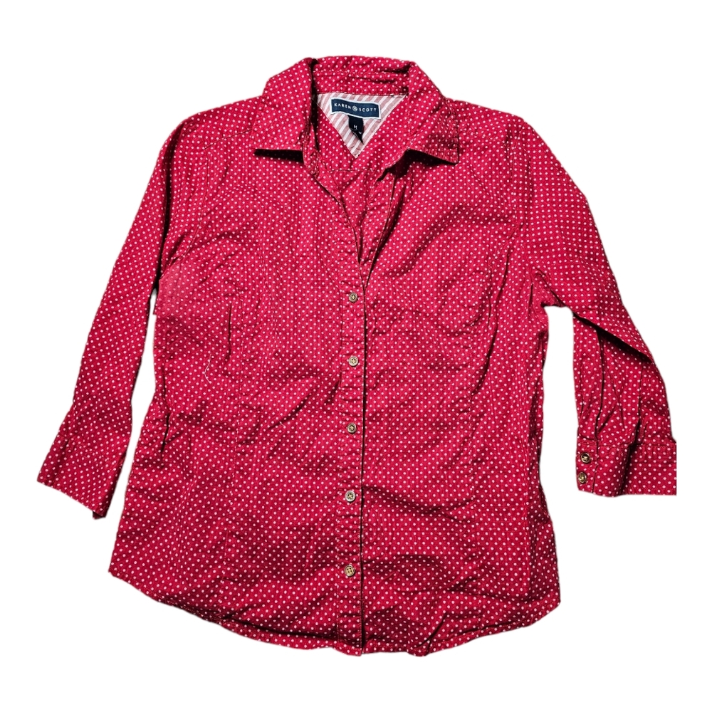 Karen Scott Red & White  Polka Dot 3/4 Sleeve Button Up size Medium